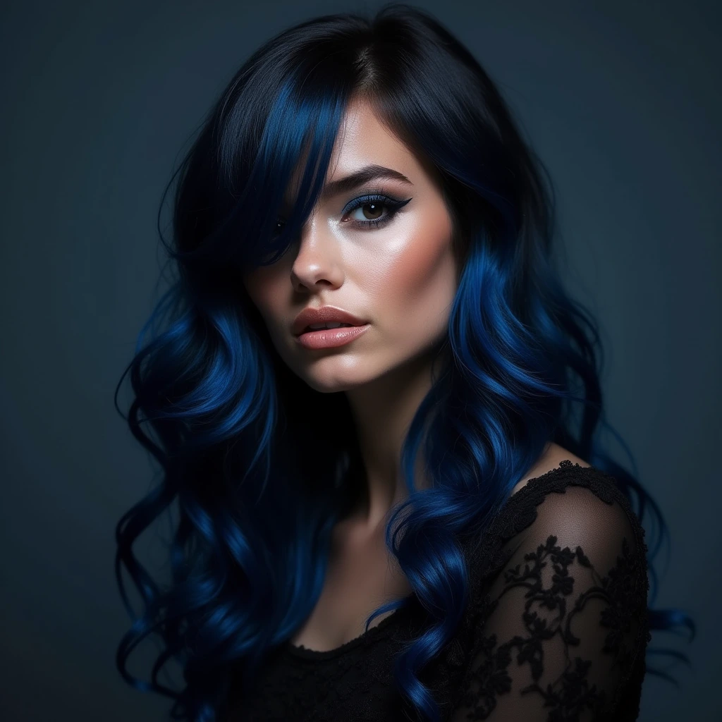 Uma mulher com cabelo preto azulado deslumbrante, que brilha com um tom intenso e vibrante. O preto profundo do cabelo é realçado por reflexos azulados que capturam a luz de maneira fascinante, criando um visual moderno e arrojado. Seus fios são perfeitamente alinhados, com um toque de suavidade que transmite elegância e sofisticação. Esse cabelo preto azulado não é apenas uma cor, é uma afirmação de estilo, confiança e individualidade.