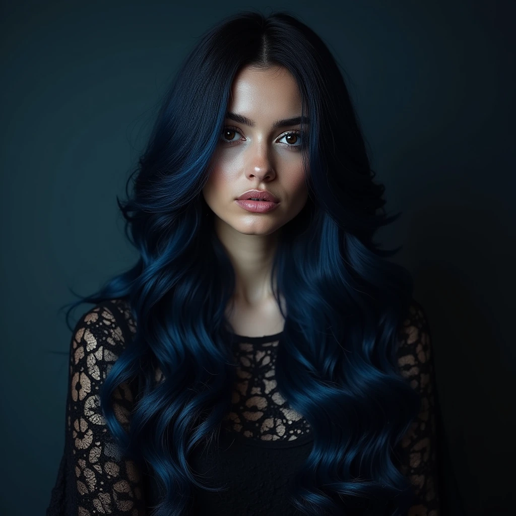 Uma mulher de cabelo preto azulado, com fios brilhantes que capturam a luz de forma única. O tom profundo do preto se mistura com reflexos azulados sutis, criando um efeito deslumbrante e moderno. Seu estilo é sofisticado e cheio de personalidade, refletindo confiança e elegância. O cabelo é liso e bem cuidado, com um movimento natural que destaca ainda mais a beleza da cor. Ela transmite uma aura de mistério e força, mostrando que seu cabelo preto azulado é um verdadeiro símbolo de estilo e autenticidade.